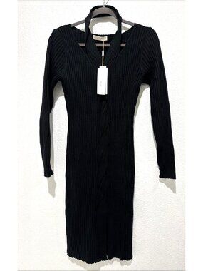 Belle Pogue Elegant Retro Ribbed Knit Dress Twist Front Bodycon Black Dress Sz S